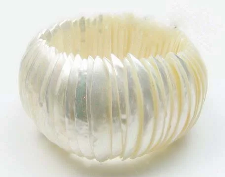 A shimmering bracelet made of shells that resemble mother of pearl