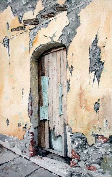 Study in Stucco, a watercolor of a weathered wooden door in a crumbling stucco wall