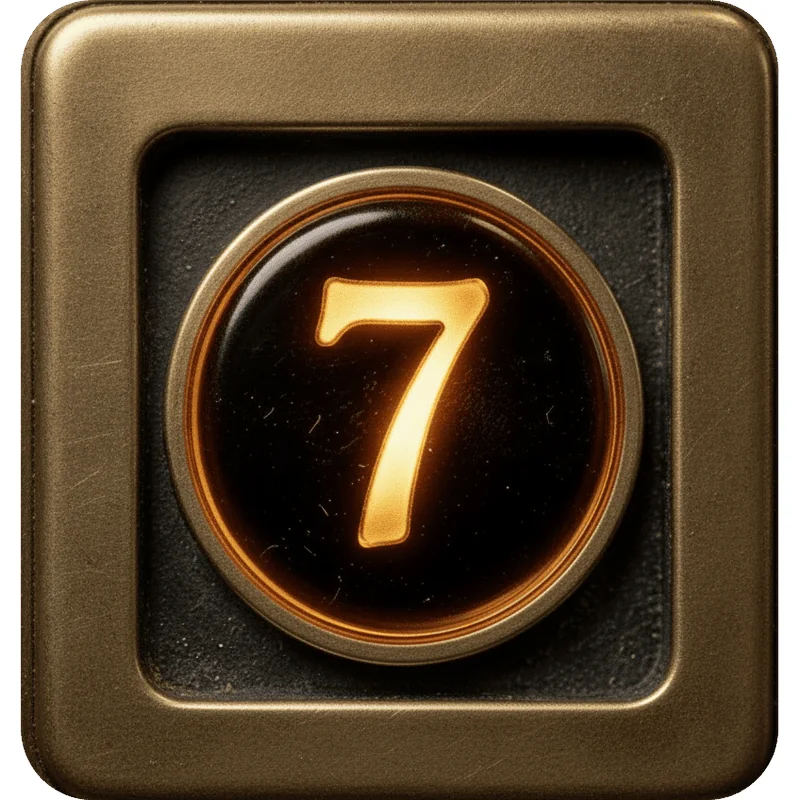The Story of Seven button badge, a glowing elevator call-button numeral 7